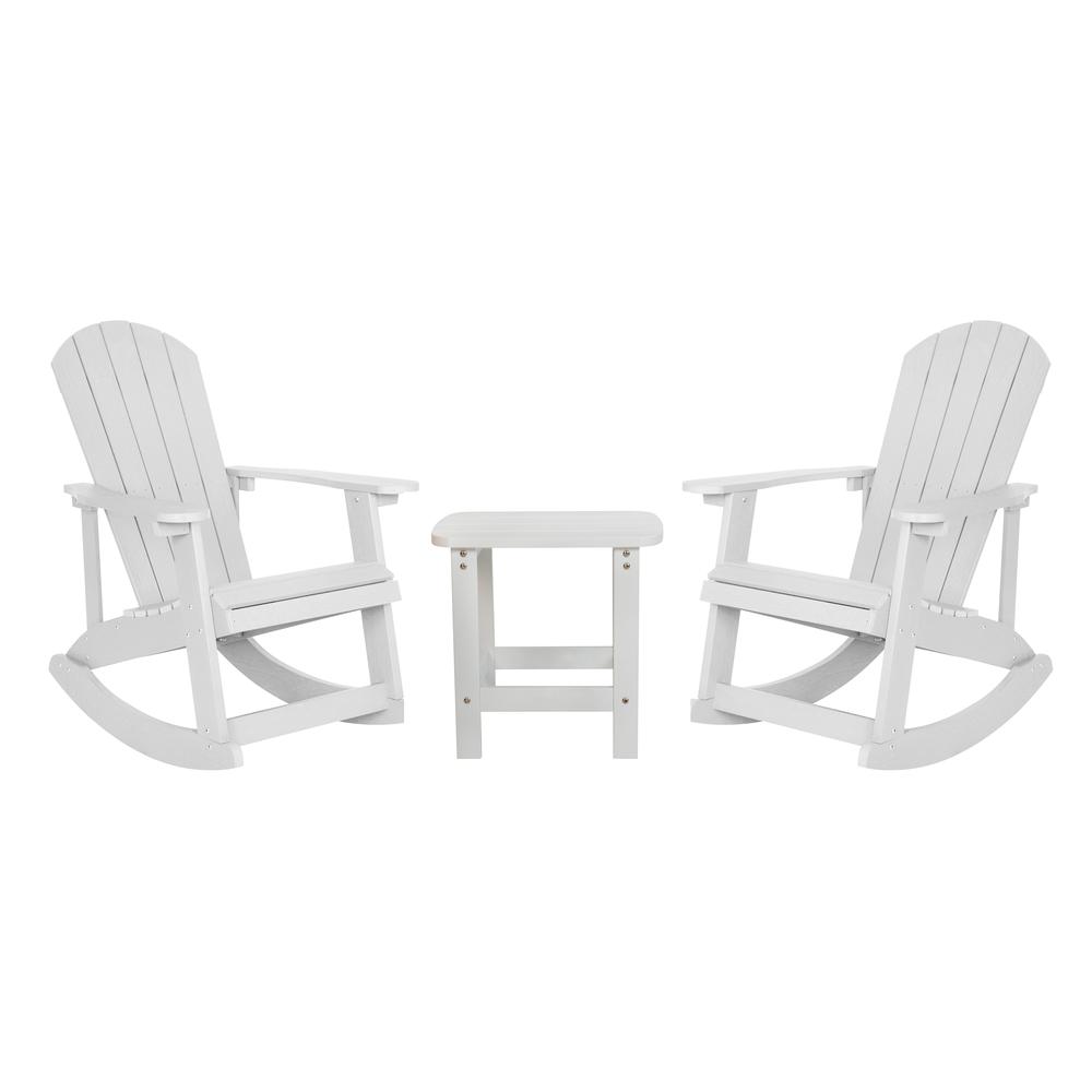 Set of 2 Savannah All-Weather Poly Resin Wood Adirondack Rocking Chairs with Side Table in White. The main picture.