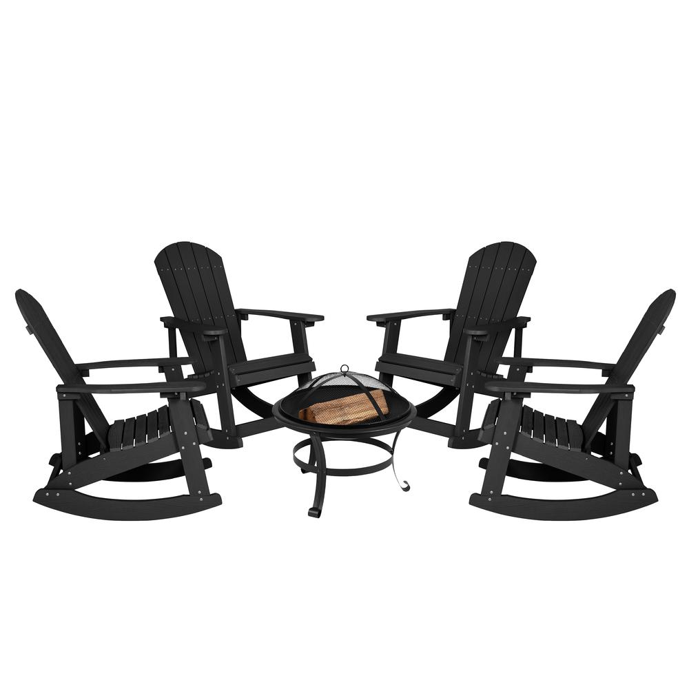Set of 4 Black Adirondack Rocking Chairs with 22" Round Wood Burning Fire Pit. Picture 1
