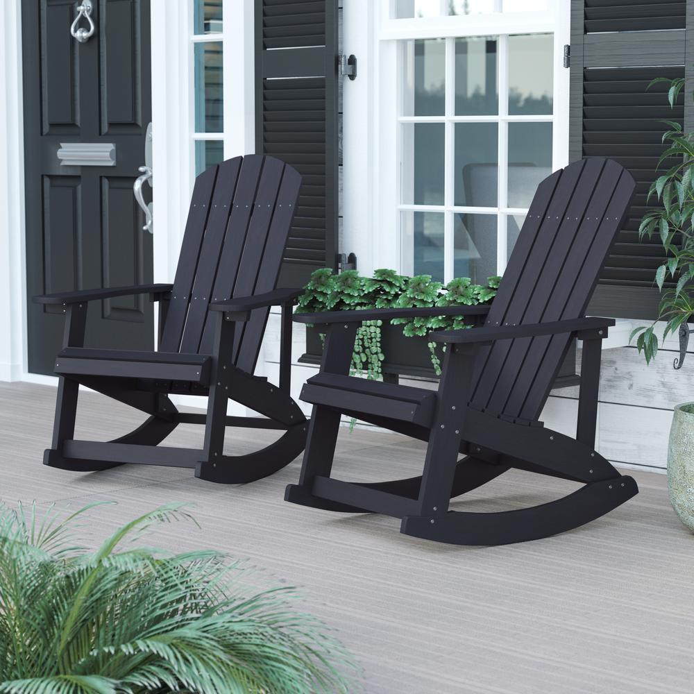 Savannah All-Weather Poly Resin Wood Adirondack Rocking Chair with Rust Resistant Stainless Steel Hardware in Black - Set of 2. Picture 2
