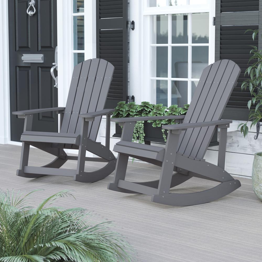 Savannah All-Weather Poly Resin Wood Adirondack Rocking Chair with Rust Resistant Stainless Steel Hardware in Gray - Set of 2. Picture 3