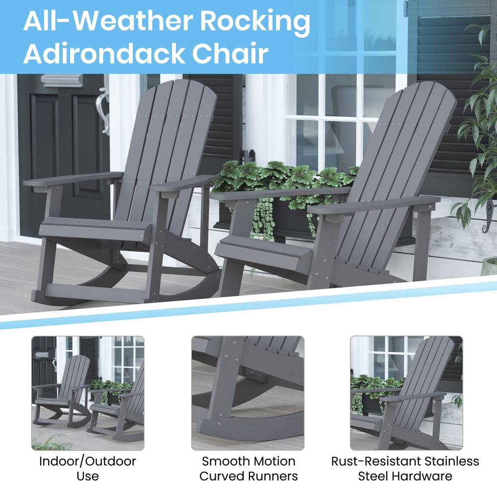 Savannah All-Weather Poly Resin Wood Adirondack Rocking Chair with Rust Resistant Stainless Steel Hardware in Gray. Picture 4