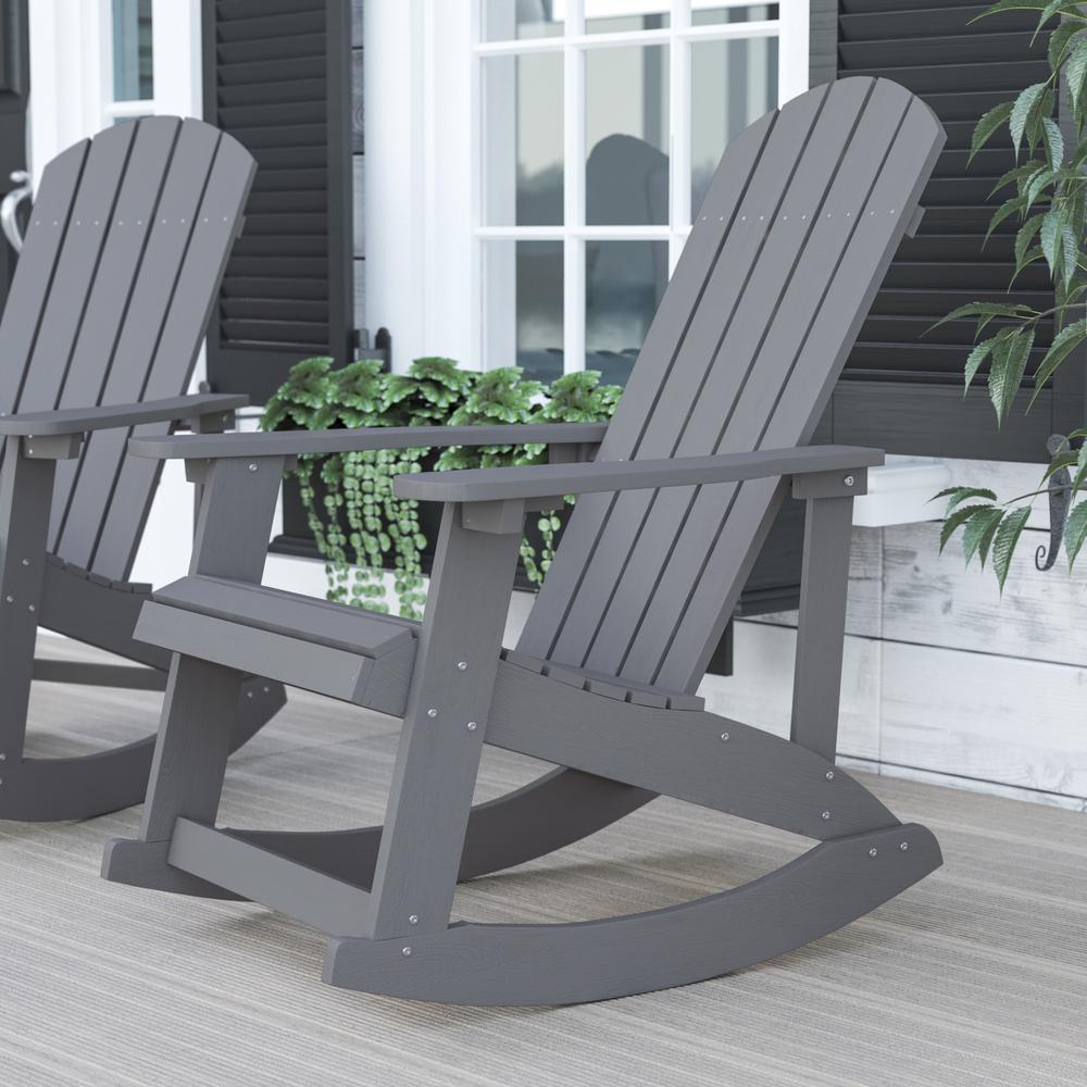 Savannah All-Weather Poly Resin Wood Adirondack Rocking Chair with Rust Resistant Stainless Steel Hardware in Gray. Picture 2