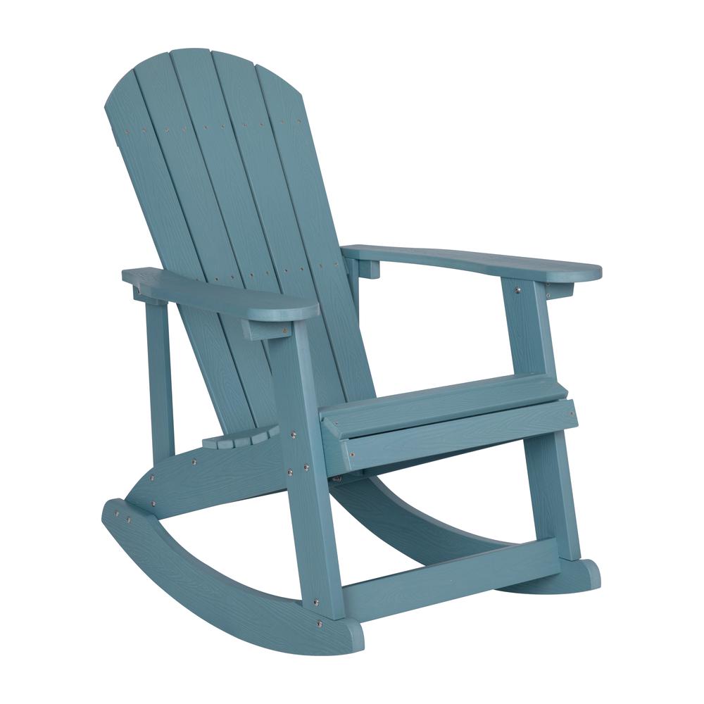 Savannah All-Weather Poly Resin Wood Adirondack Rocking Chair with Rust Resistant Stainless Steel Hardware in Sea Foam. The main picture.