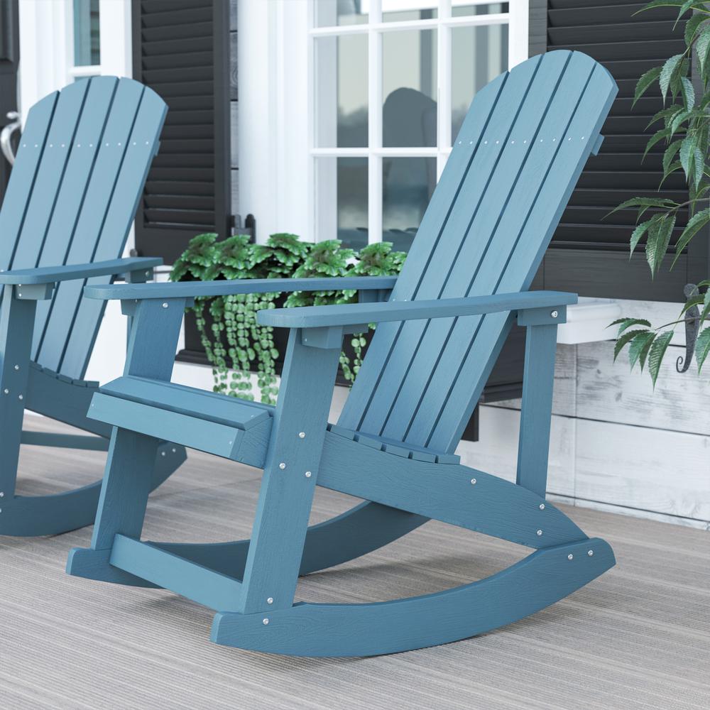 Savannah All-Weather Poly Resin Wood Adirondack Rocking Chair with Rust Resistant Stainless Steel Hardware in Sea Foam. Picture 2