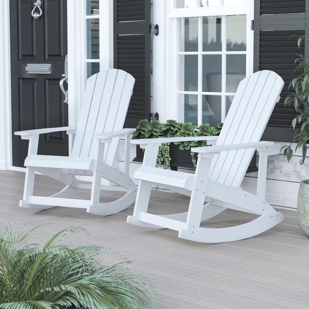 Savannah All-Weather Poly Resin Wood Adirondack Rocking Chair with Rust Resistant Stainless Steel Hardware in White - Set of 2. Picture 2