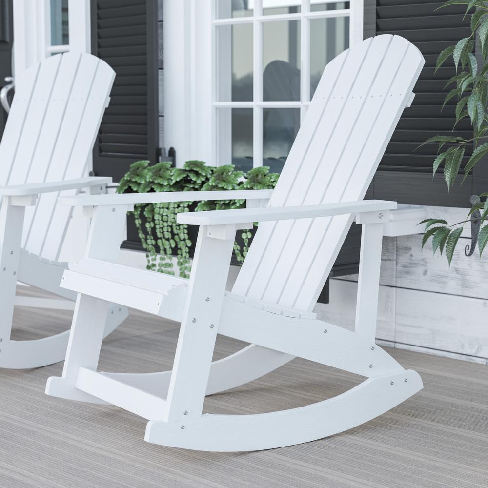 Savannah All-Weather Poly Resin Wood Adirondack Rocking Chair with Rust Resistant Stainless Steel Hardware in White. Picture 2