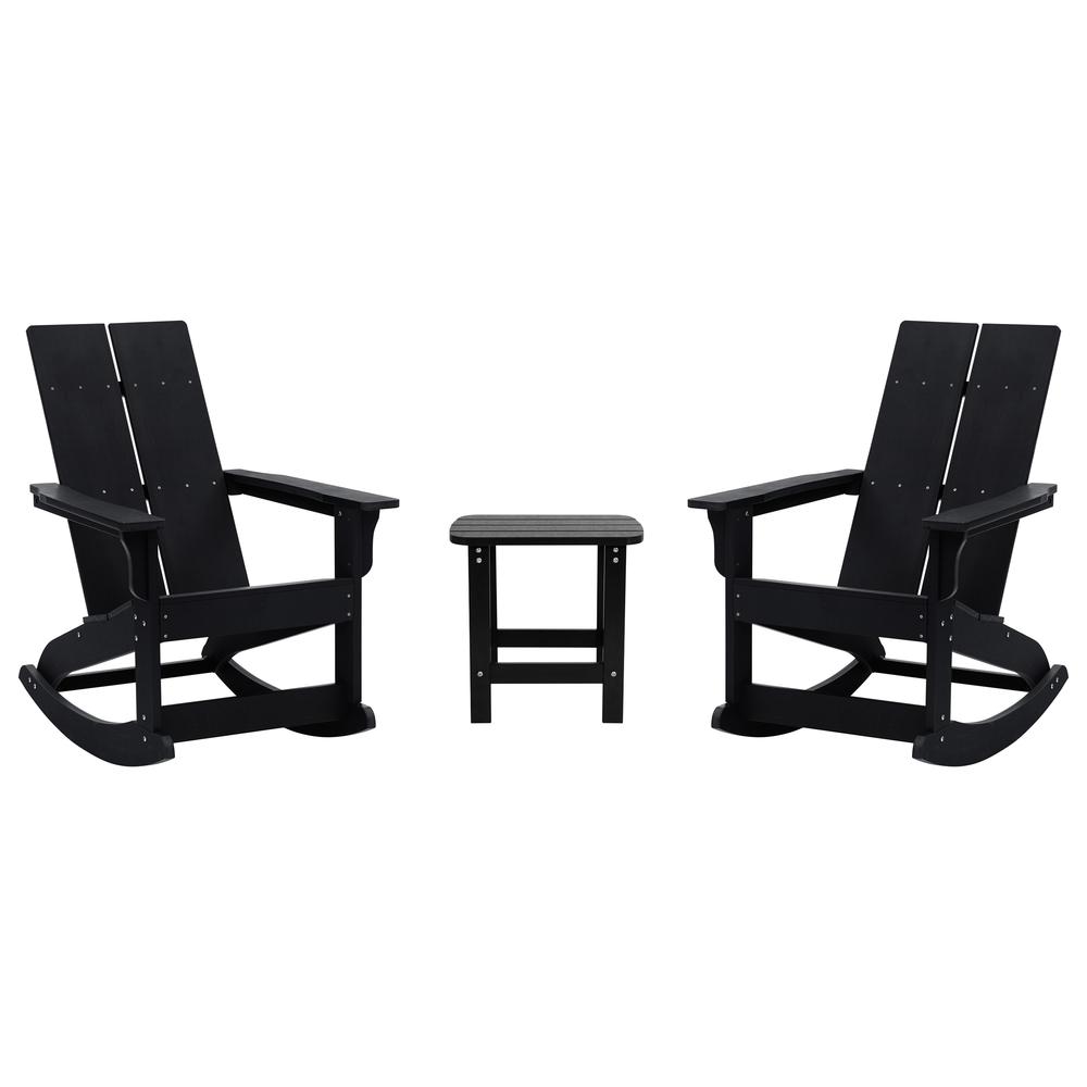 Set of 2 Black Finn Modern All-Weather 2-Slat Poly Resin Rocking Adirondack Chairs with Matching Side Table. Picture 2