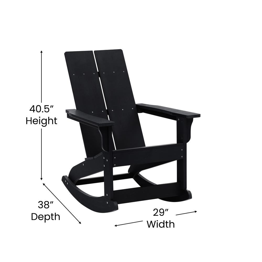 Set of 2 Black Finn Modern All-Weather 2-Slat Poly Resin Rocking Adirondack Chairs with Matching Side Table. Picture 6