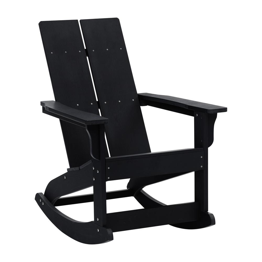 Set of 2 Black Finn Modern All-Weather 2-Slat Poly Resin Rocking Adirondack Chairs with Matching Side Table. Picture 8