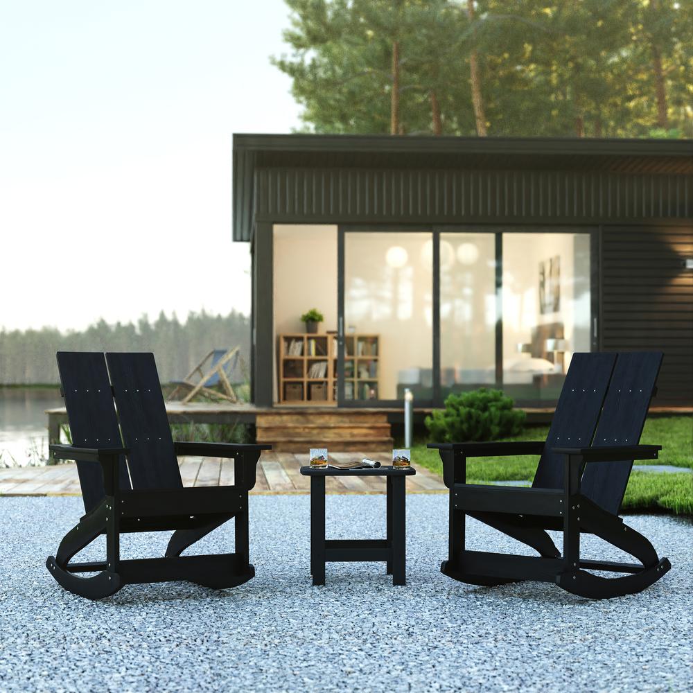 Set of 2 Black Finn Modern All-Weather 2-Slat Poly Resin Rocking Adirondack Chairs with Matching Side Table. Picture 1