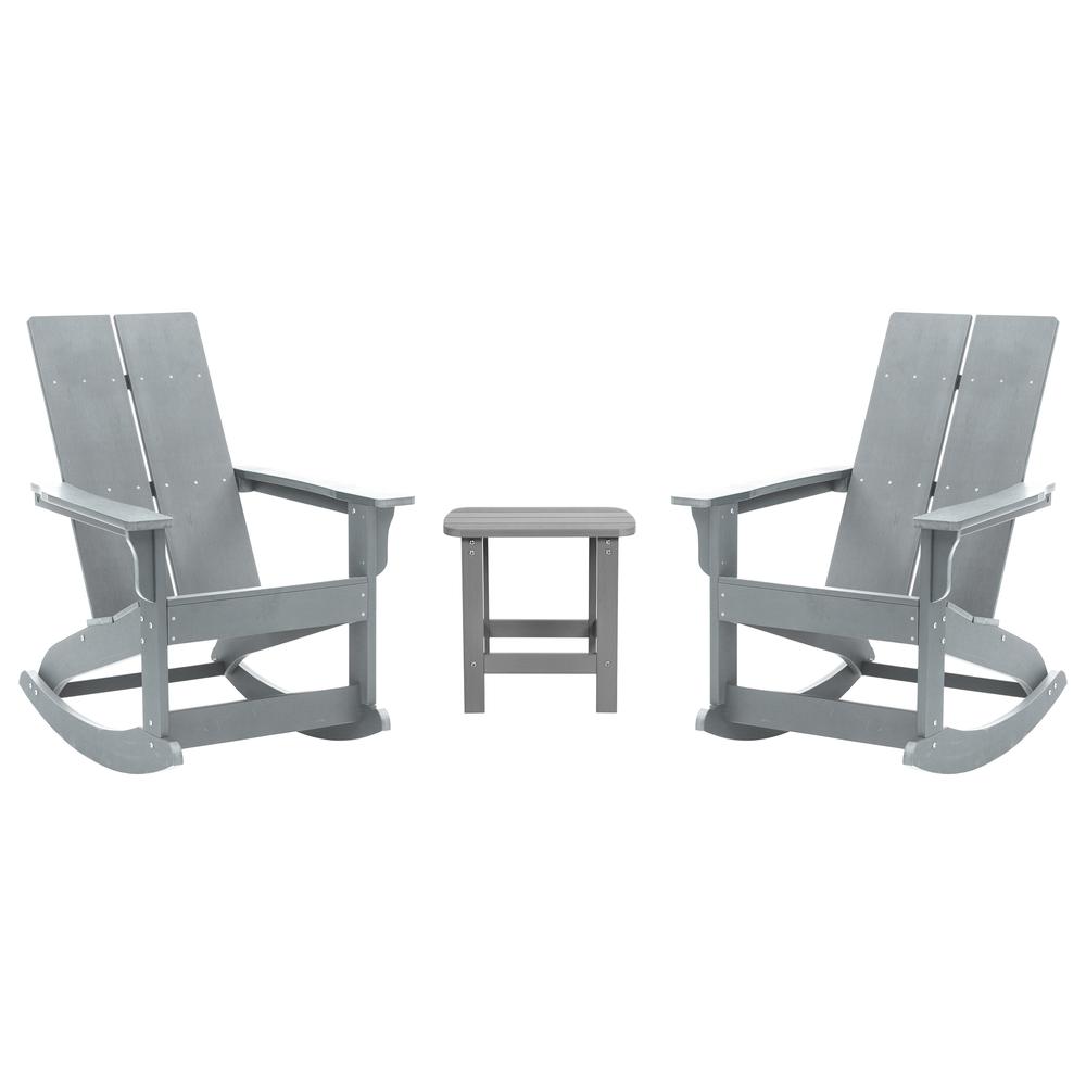 Set of 2 Gray 2-Slat Rocking Adirondack Chairs with Matching Side Table. Picture 2