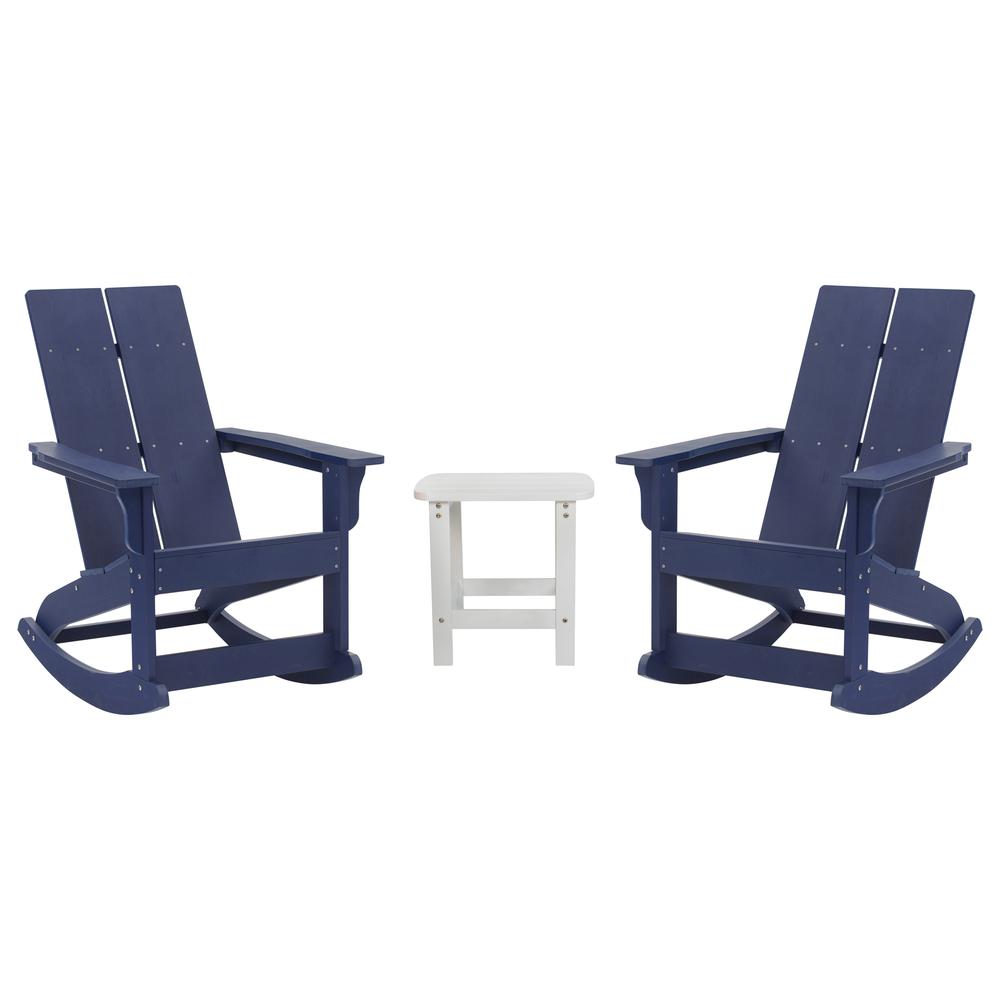 Set of 2 Navy Finn Modern All-Weather 2-Slat Poly Resin Rocking Adirondack Chairs with Complementary White Side Table. Picture 2
