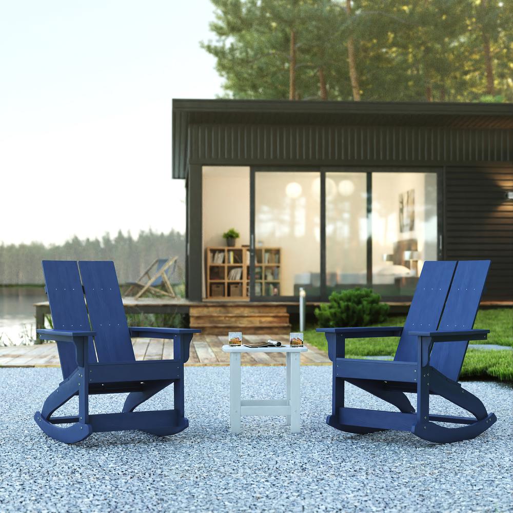 Set of 2 Navy Finn Modern All-Weather 2-Slat Poly Resin Rocking Adirondack Chairs with Complementary White Side Table. The main picture.