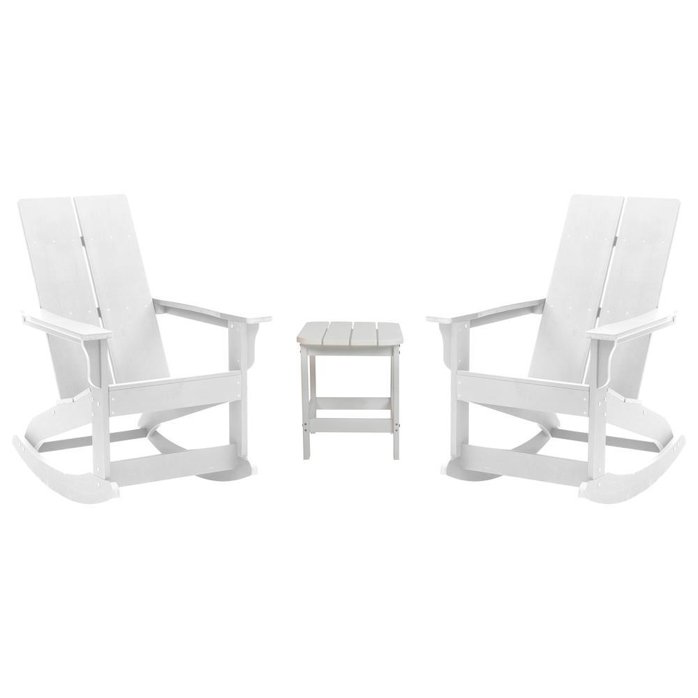 Set of 2 White Finn Modern All-Weather 2-Slat Poly Resin Rocking Adirondack Chairs with Matching Side Table. Picture 2