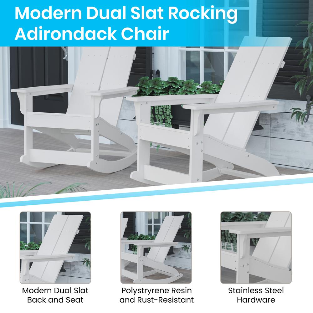 Set of 2 White Finn Modern All-Weather 2-Slat Poly Resin Rocking Adirondack Chairs with Matching Side Table. Picture 4