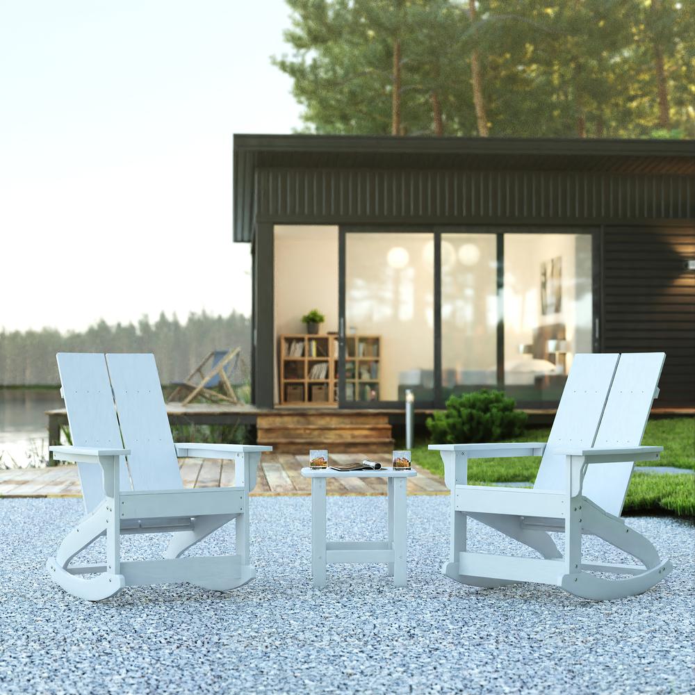 Set of 2 White Finn Modern All-Weather 2-Slat Poly Resin Rocking Adirondack Chairs with Matching Side Table. Picture 1