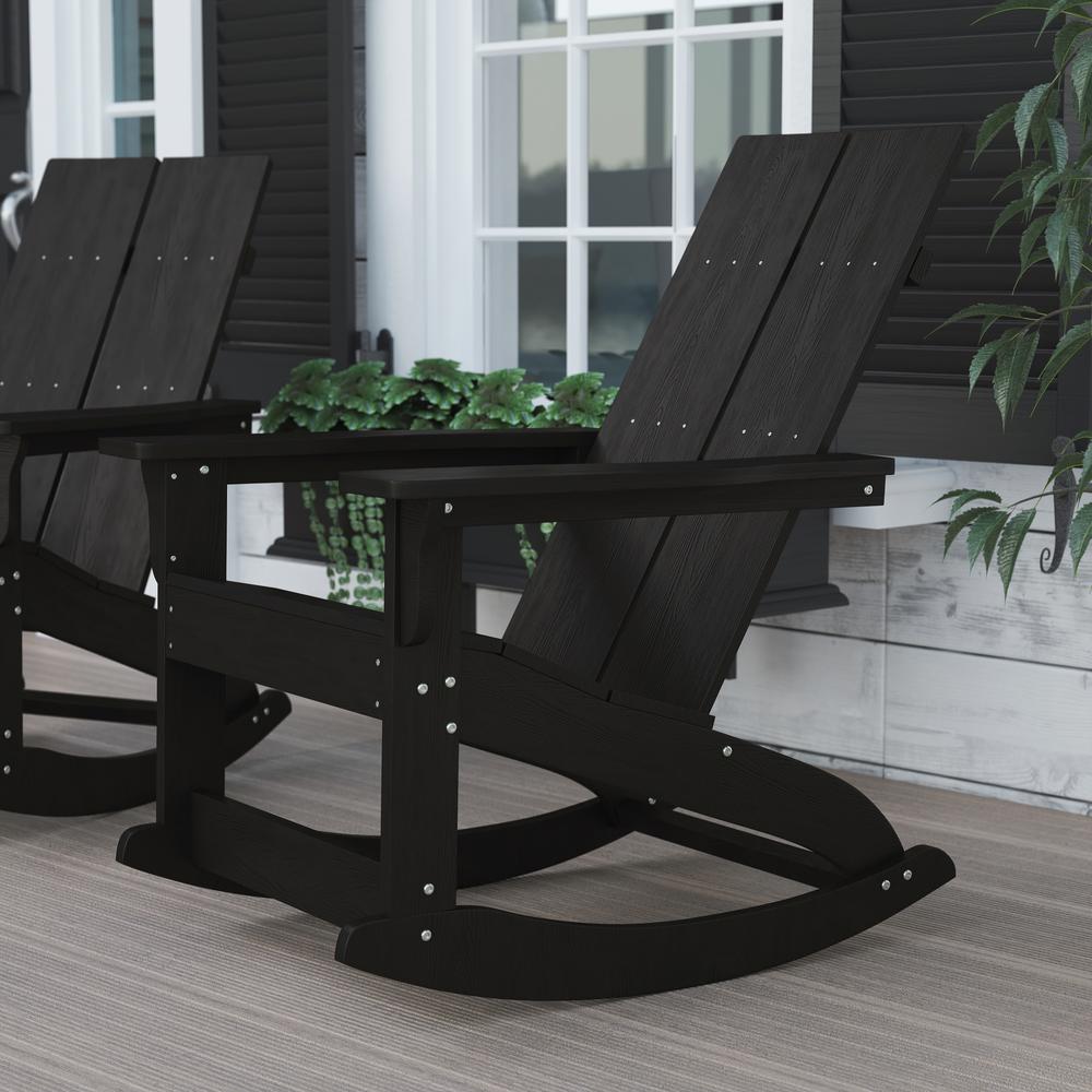 All-Weather 2-Slat Poly Resin Wood Rocking Adirondack Chair in Black. Picture 2