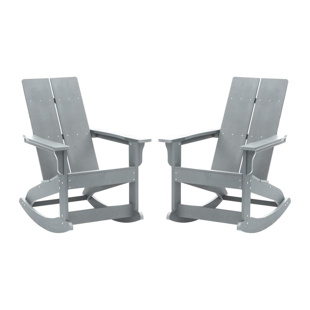 Finn Modern All-Weather 2-Slat Poly Resin Rocking Adirondack Chair with Rust Resistant Stainless Steel Hardware in Gray - Set of2. Picture 3
