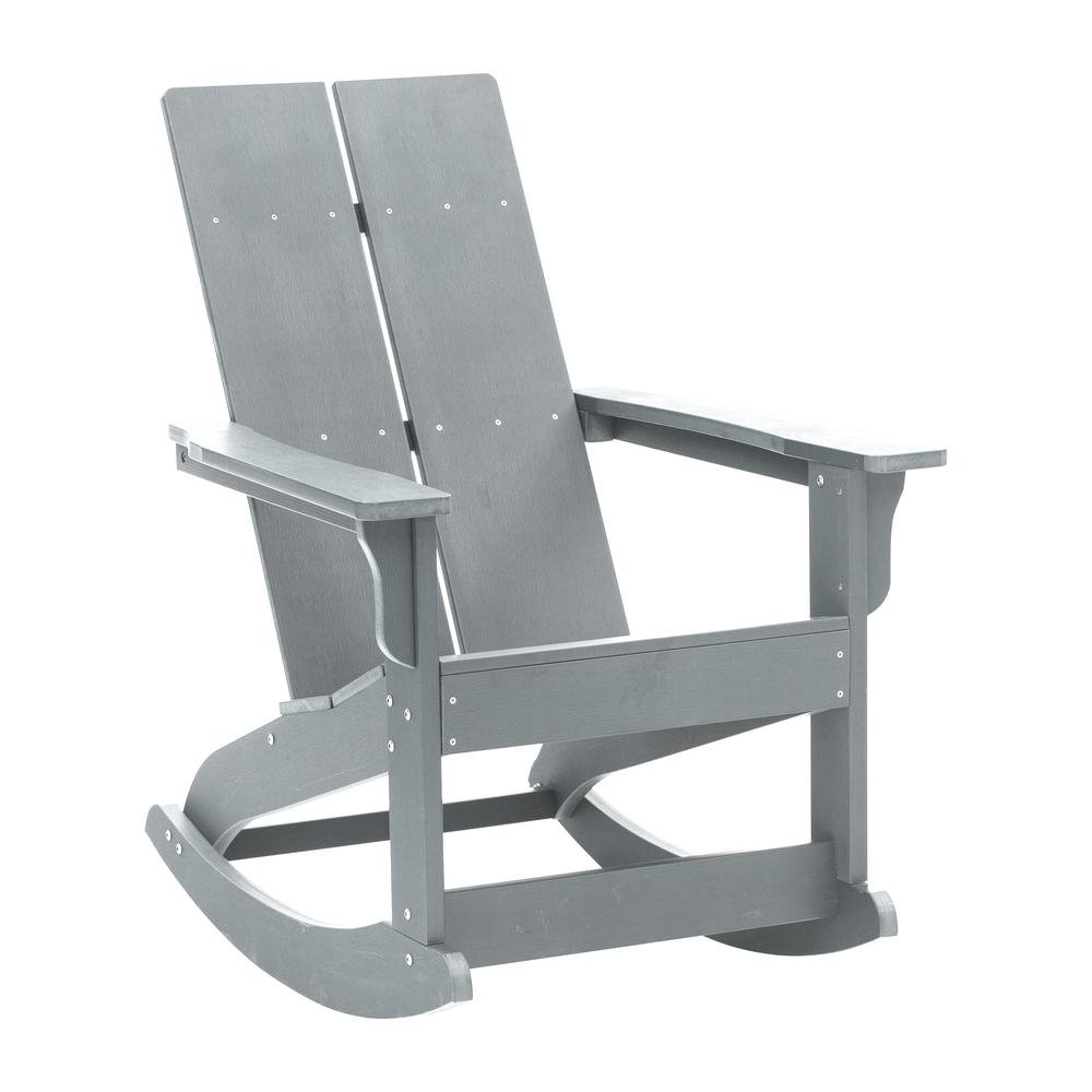 Finn Modern All-Weather 2-Slat Poly Resin Wood Rocking Adirondack Chair with Rust Resistant Stainless Steel Hardware in Gray. The main picture.