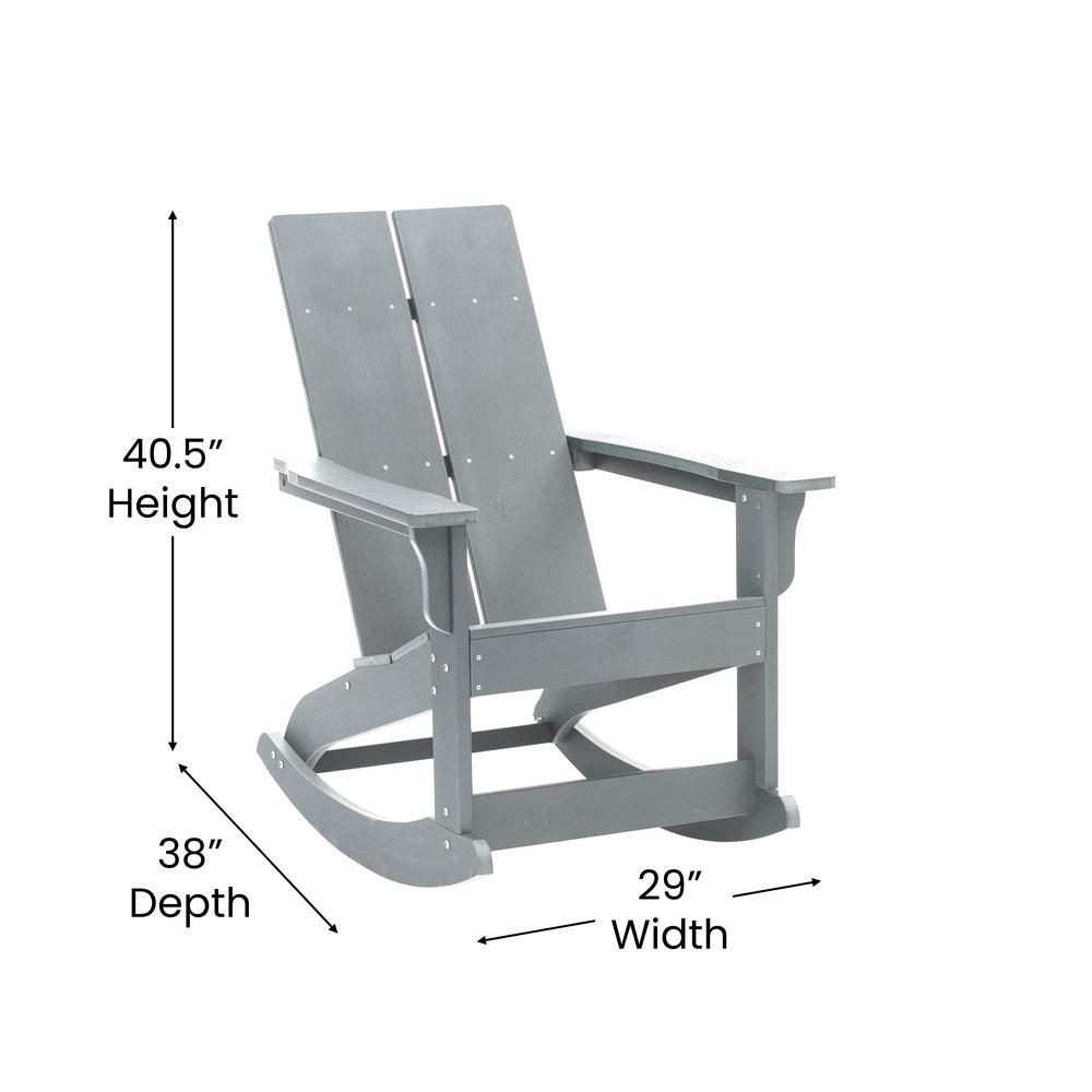 Finn Modern All-Weather 2-Slat Poly Resin Wood Rocking Adirondack Chair with Rust Resistant Stainless Steel Hardware in Gray. Picture 5