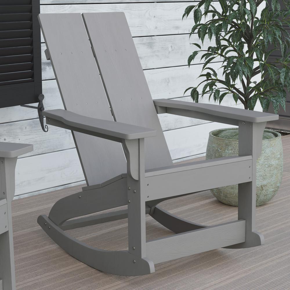 Finn Modern All-Weather 2-Slat Poly Resin Wood Rocking Adirondack Chair with Rust Resistant Stainless Steel Hardware in Gray. Picture 7