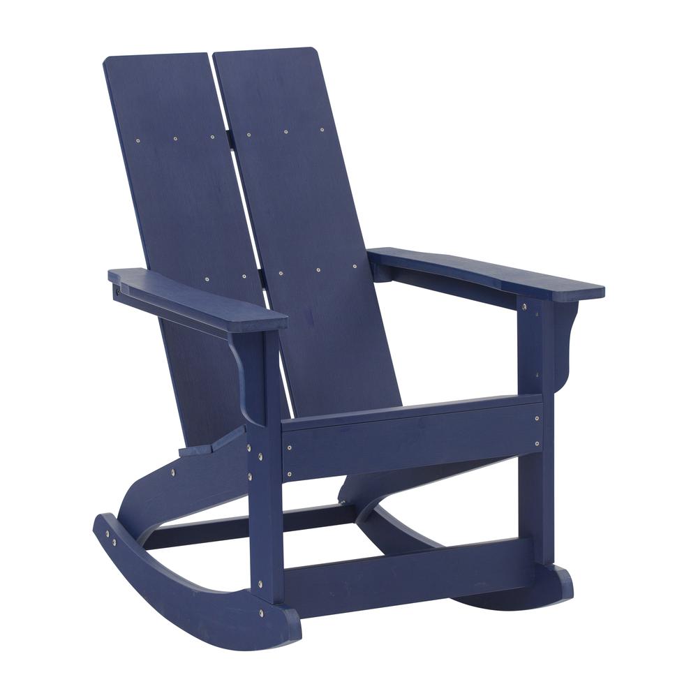 Finn Modern All-Weather 2-Slat Poly Resin Wood Rocking Adirondack Chair with Rust Resistant Stainless Steel Hardware in Navy. Picture 1