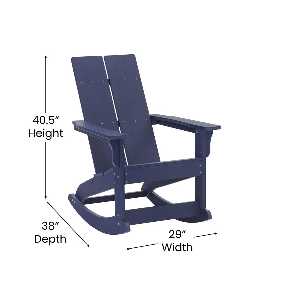 Finn Modern All-Weather 2-Slat Poly Resin Wood Rocking Adirondack Chair with Rust Resistant Stainless Steel Hardware in Navy. Picture 5