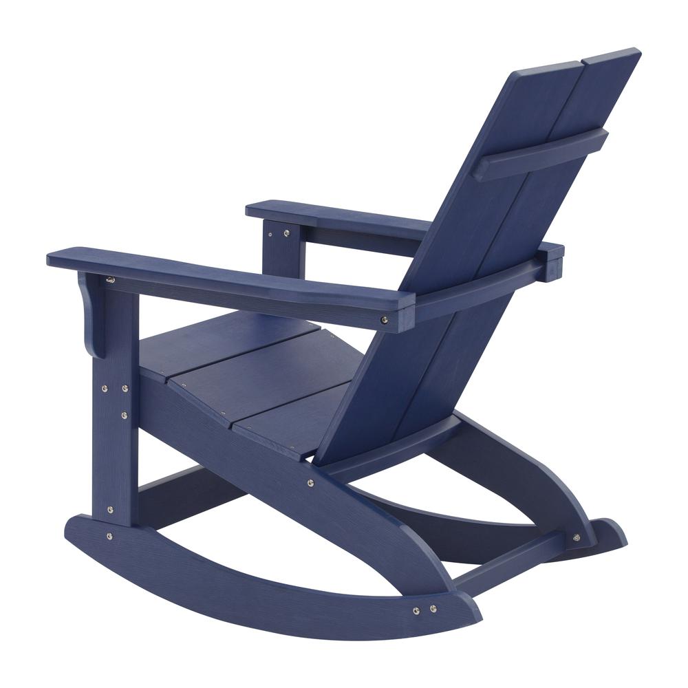 Finn Modern All-Weather 2-Slat Poly Resin Wood Rocking Adirondack Chair with Rust Resistant Stainless Steel Hardware in Navy. Picture 10