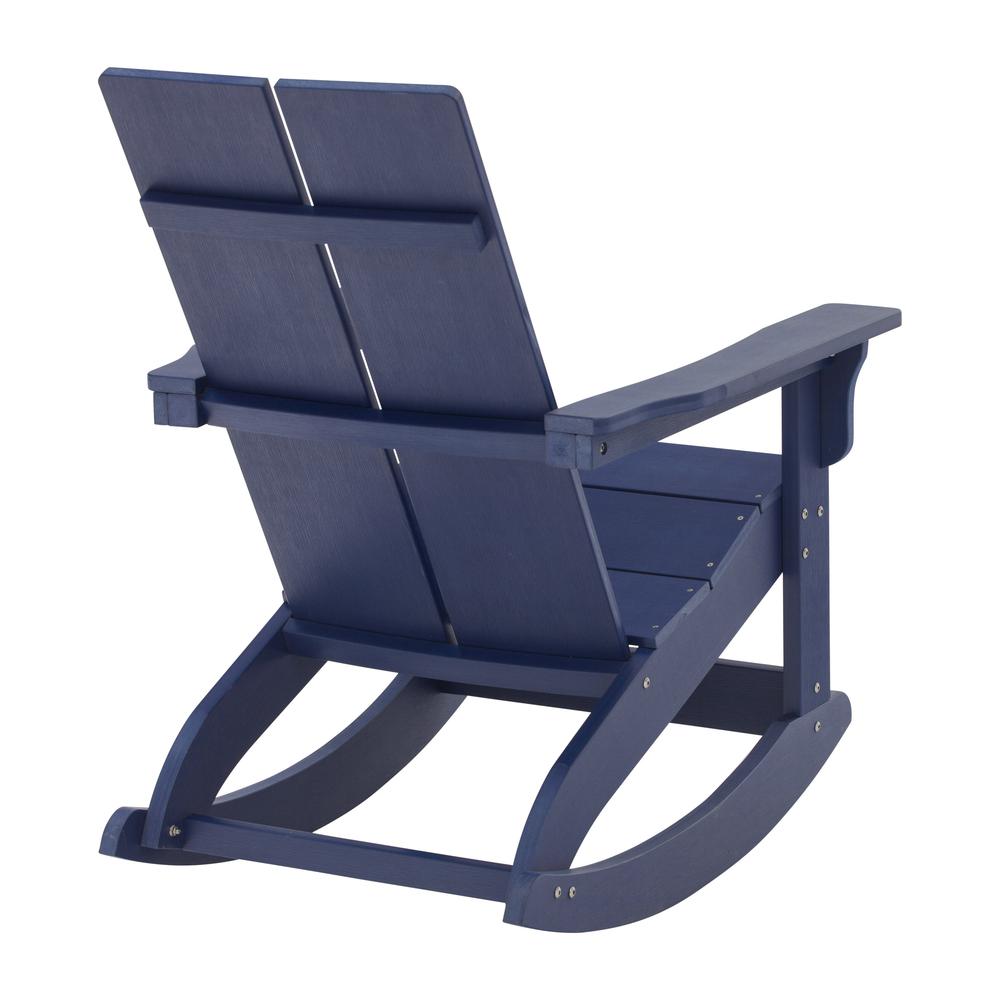 Finn Modern All-Weather 2-Slat Poly Resin Wood Rocking Adirondack Chair with Rust Resistant Stainless Steel Hardware in Navy. Picture 12
