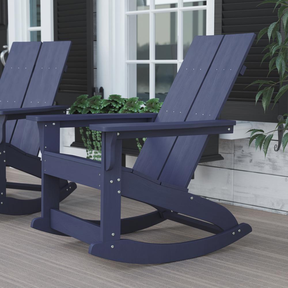 Finn Modern All-Weather 2-Slat Poly Resin Wood Rocking Adirondack Chair with Rust Resistant Stainless Steel Hardware in Navy. Picture 2
