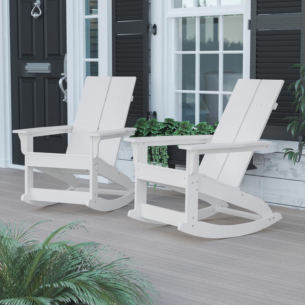 Finn Modern All-Weather 2-Slat Poly Resin Rocking Adirondack Chair with Rust Resistant Stainless Steel Hardware in White - Set of2. Picture 2