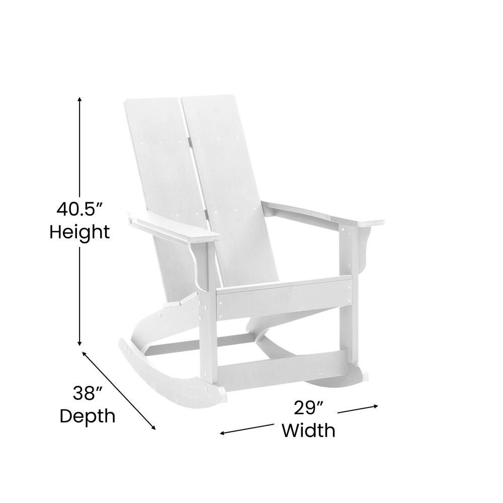 Finn Modern All-Weather 2-Slat Poly Resin Wood Rocking Adirondack Chair with Rust Resistant Stainless Steel Hardware in White. Picture 5