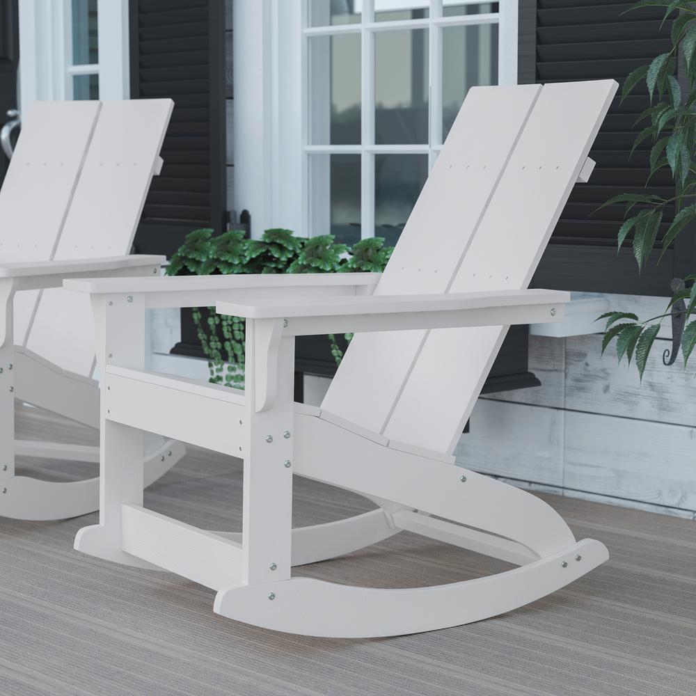 Finn Modern All-Weather 2-Slat Poly Resin Wood Rocking Adirondack Chair with Rust Resistant Stainless Steel Hardware in White. Picture 2