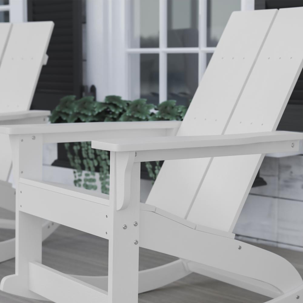 Finn Modern All-Weather 2-Slat Poly Resin Wood Rocking Adirondack Chair with Rust Resistant Stainless Steel Hardware in White. Picture 6