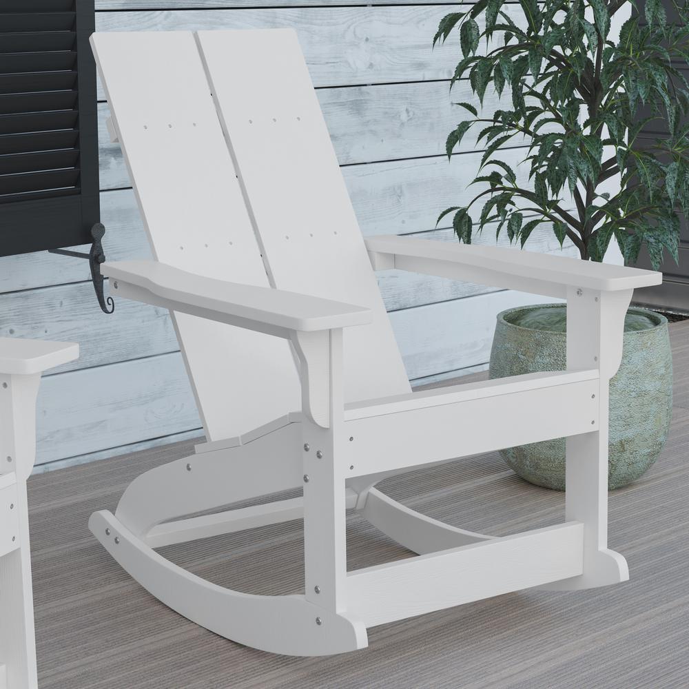 Finn Modern All-Weather 2-Slat Poly Resin Wood Rocking Adirondack Chair with Rust Resistant Stainless Steel Hardware in White. Picture 7