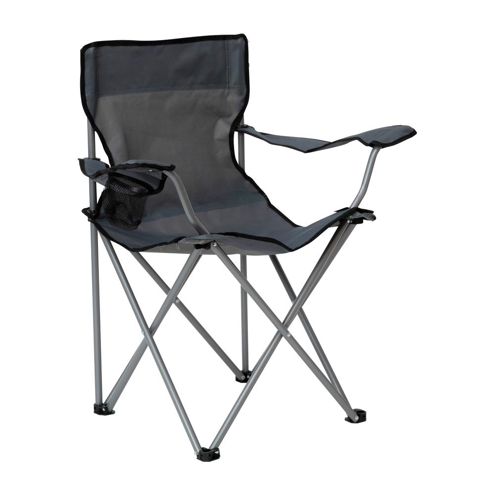 Quad Folding Camping and Sports Chair with Armrest Cupholder - Portable Gray Indoor/Outdoor Fishing Chair with Extra Wide Carry Bag. Picture 1
