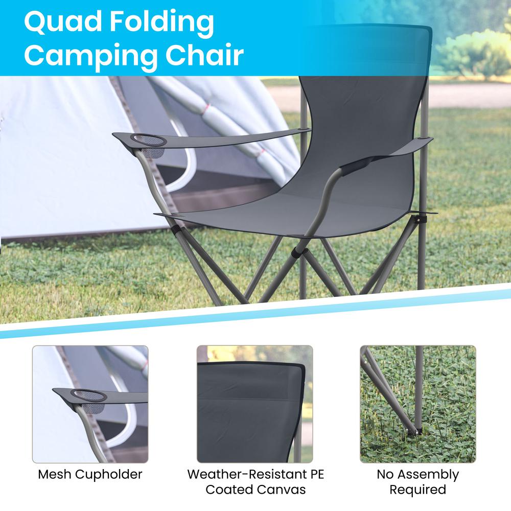 Quad Folding Camping and Sports Chair with Armrest Cupholder - Portable Gray Indoor/Outdoor Fishing Chair with Extra Wide Carry Bag. Picture 4