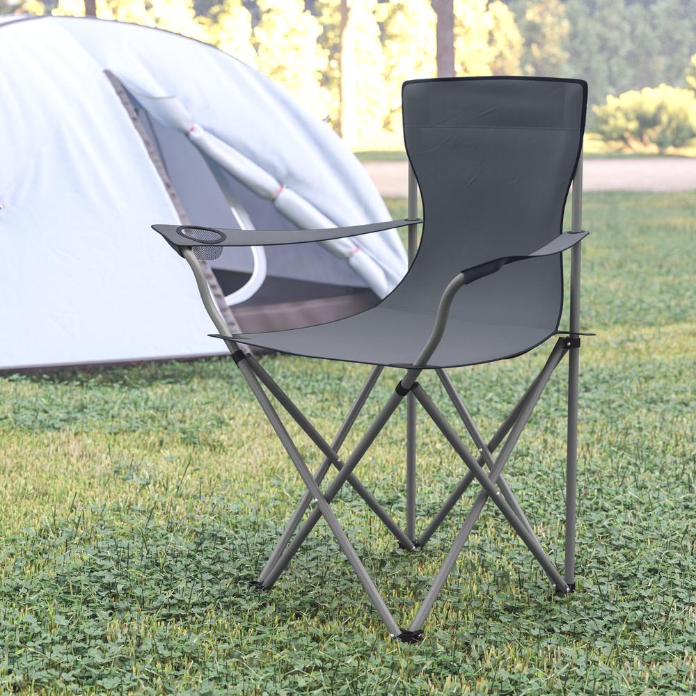 Quad Folding Camping and Sports Chair with Armrest Cupholder - Portable Gray Indoor/Outdoor Fishing Chair with Extra Wide Carry Bag. Picture 2