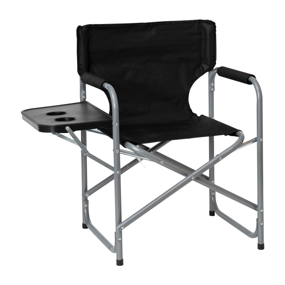 Folding Black Director's Camping Chair with Side Table and Cup Holder - Portable Indoor/Outdoor Steel Framed Sports Chair. The main picture.