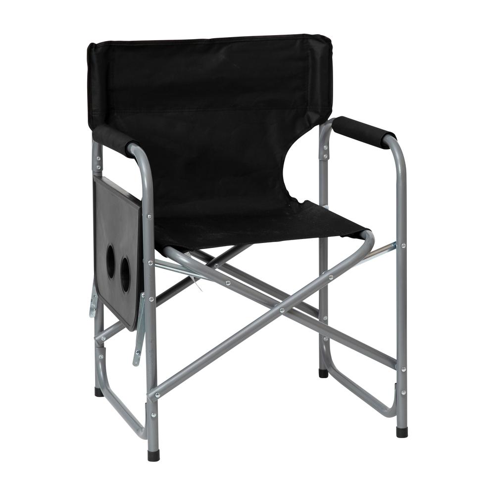 Folding Black Director's Camping Chair with Side Table and Cup Holder - Portable Indoor/Outdoor Steel Framed Sports Chair. Picture 7