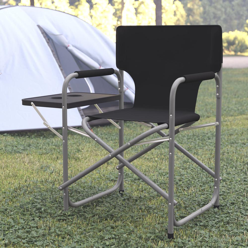 Folding Black Director's Camping Chair with Side Table and Cup Holder - Portable Indoor/Outdoor Steel Framed Sports Chair. Picture 2