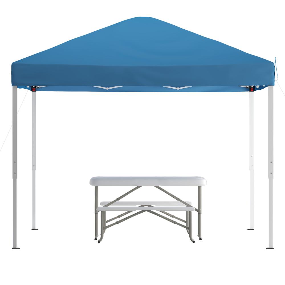 10'x10' Blue Event Canopy Tent with Carry Bag and Folding Bench Set. Picture 1