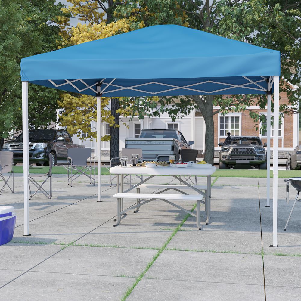 10'x10' Blue Event Canopy Tent with Carry Bag and Folding Bench Set. Picture 2
