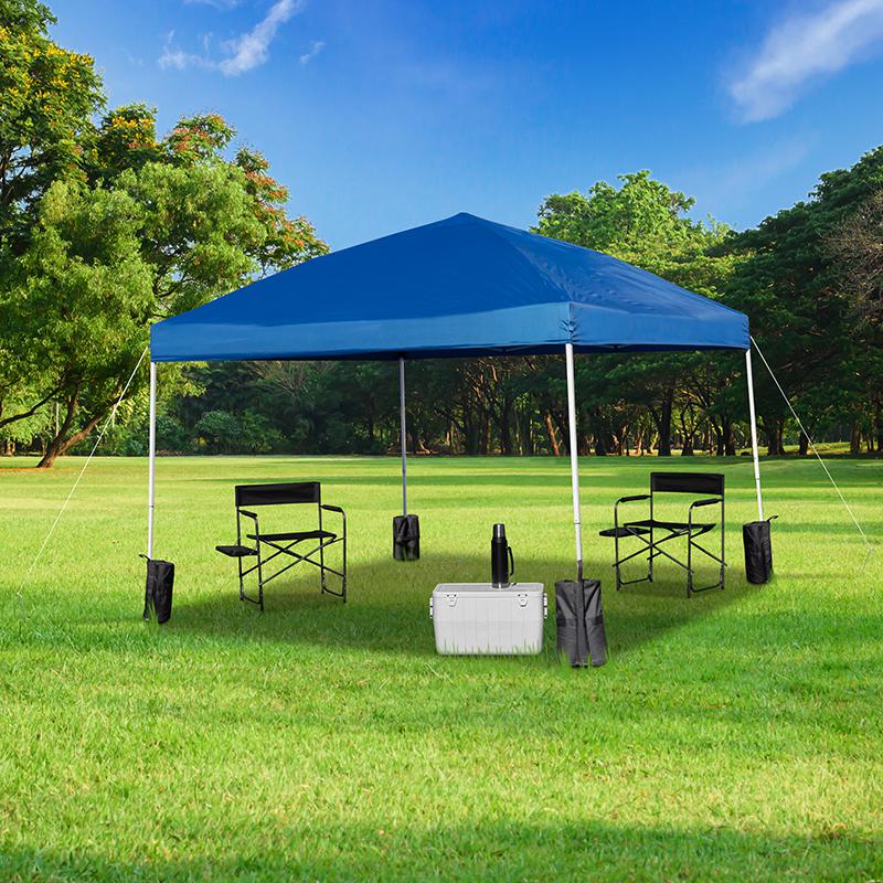 10'x10' Blue Event Straight Leg Canopy Tent with Sandbags and Wheeled Case. Picture 1