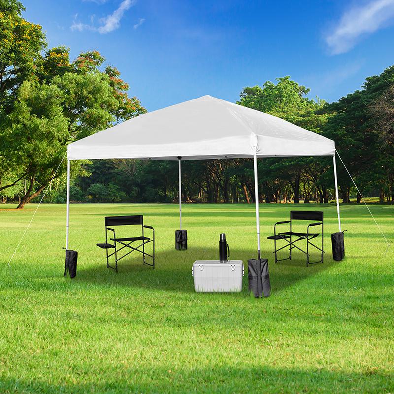 10'x10' White Event Straight Leg Canopy Tent with Sandbags and Wheeled Case. Picture 1