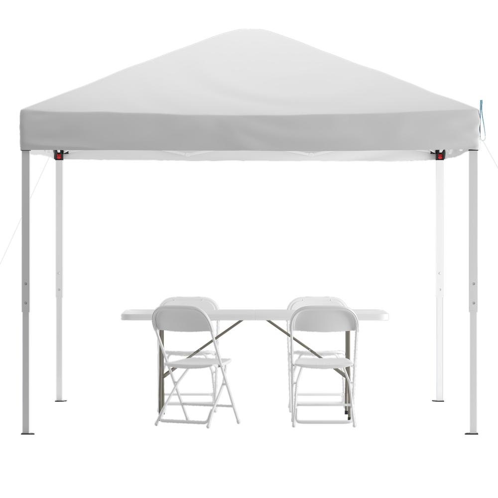 Tent Set - 10'x10' White Canopy Tent, 6-Foot Table Set of 4 White Folding Chairs. Picture 1