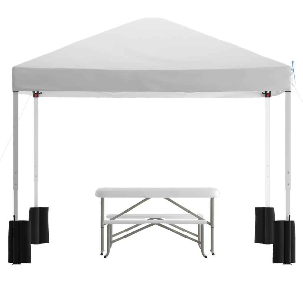 10'x10' White Event Canopy Tent with Wheeled Case and Folding Bench Set. Picture 1