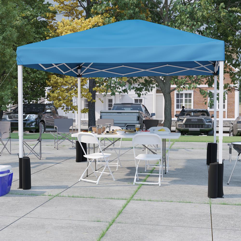 Tent Set-10'x10' Wheeled Blue Canopy Tent, 6-Foot Table, 4 White Folding Chairs. Picture 2
