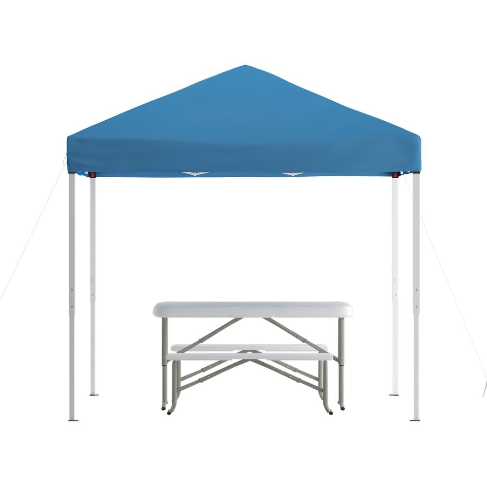 8'x8' Blue Event Canopy Tent with Carry Bag and Folding Bench Set. Picture 1