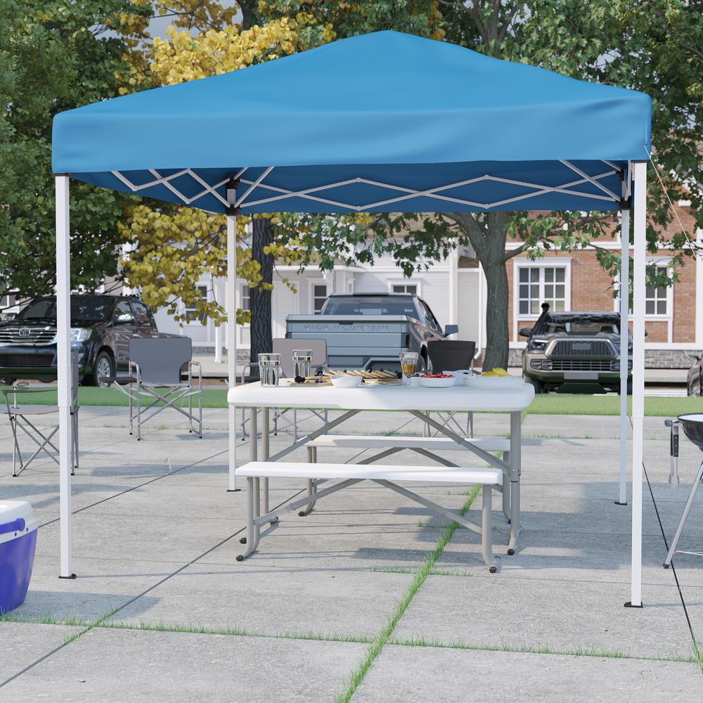 8'x8' Blue Event Canopy Tent with Carry Bag and Folding Bench Set. Picture 2